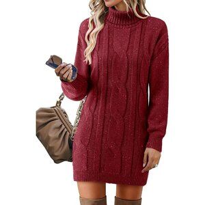 Women's Long Sleeve Turtleneck Sweater Dresses Ribbed Knit Midi Dress Dark Red